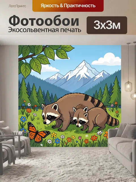 Фотообои Еноты на горной поляне