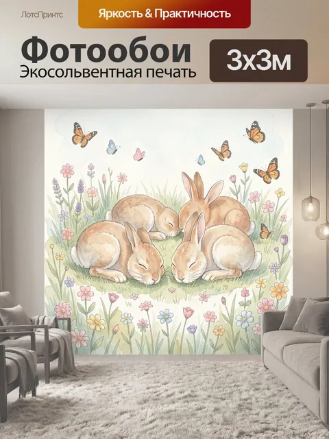 Фотообои Кролики спят в цветущем лугу