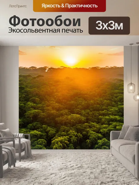 Фотообои завораживающее закат над джунглями, где солнце заливает все золотым светом и создает длинные тени