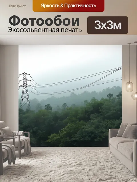 Фотообои высоковольтные провода, протянутые над тихим лесом, где утренний туман окутывает деревья