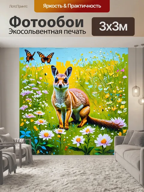 Фотообои сурикат, который исследует цветущий луг, окружённый растениями и бабочками