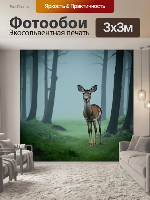 Фотообои в туманных утренних лесах сидит косуля, обрамленная лессировкой нежных оттенков серого и зеленого