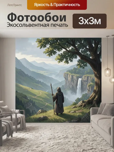 Фотообои Путник у водопада в горах