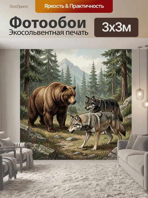Фотообои Медведь и волки в лесу