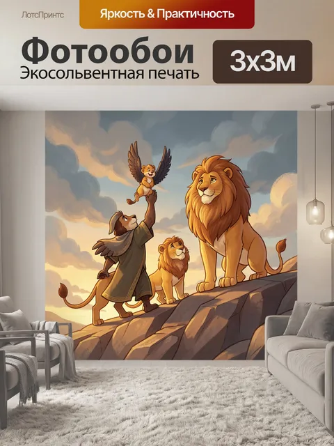 Фотообои Львы и крылатый львёнок на скале