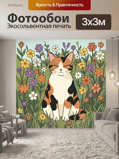 Фотообои Кошка среди летних цветов