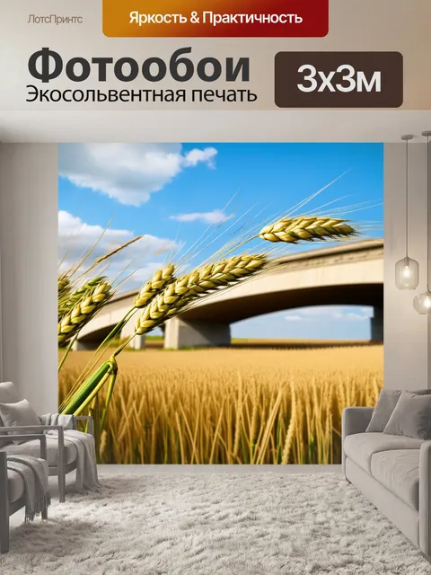 Фотообои мост через весенние поля с пшеничными колосками, колыхающимися на ветру