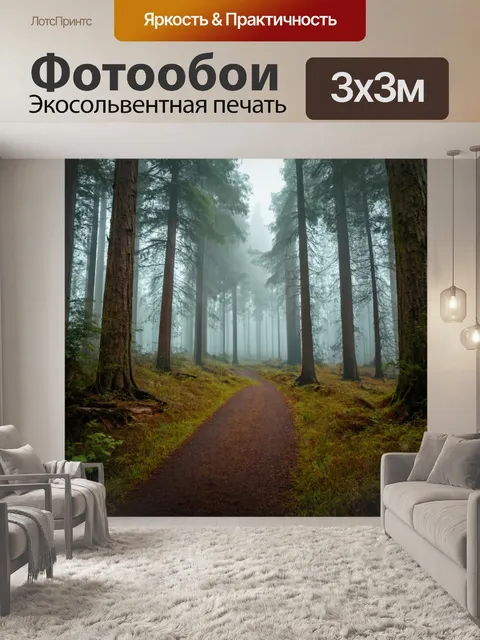 Фотообои туман в стиле флэт, показывающие лесную дорогу, окруженную густым туманом и высокими деревьями
