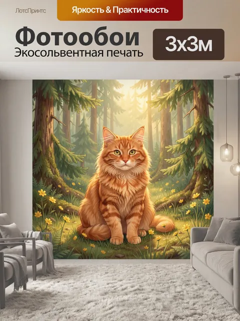 Фотообои Рыжий кот в хвойном лесу
