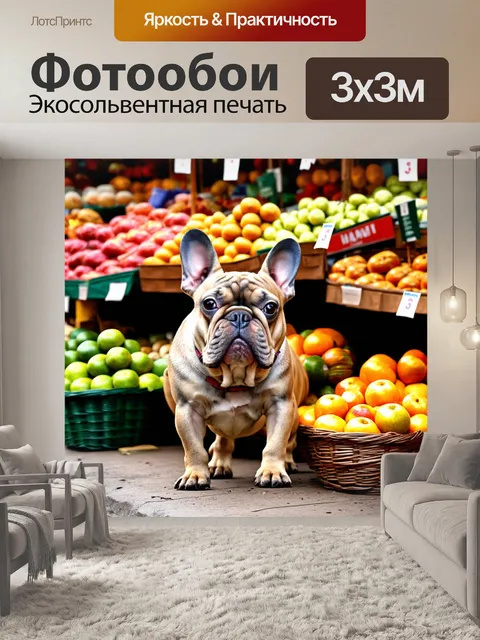 Фотообои французский бульдог на прогулке по утреннему рынку, где вокруг множество ярких фруктов и местных изделий
