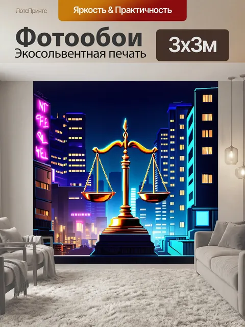 Фотообои ночной городской пейзаж с весами правосудия, освещёнными неоновым светом зданий