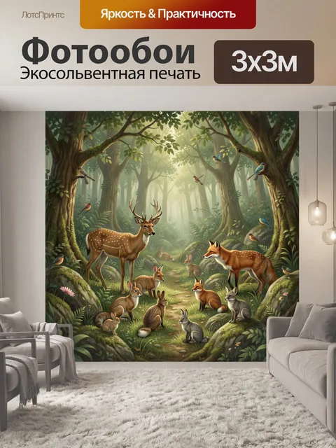 Фотообои Лесная поляна с оленем и лисами