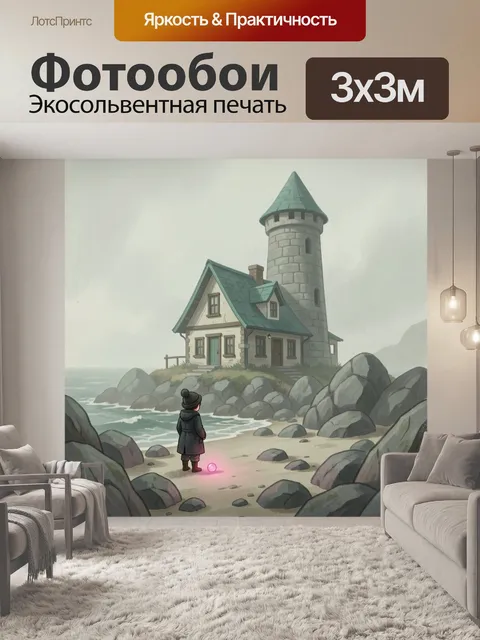 Фотообои Маяк и домик на скалистом берегу