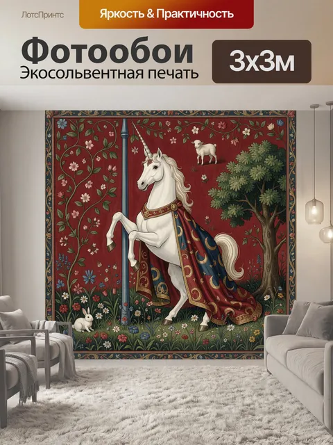 Фотообои Белый единорог в цветочном саду