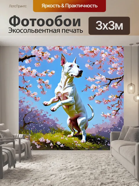 Фотообои на фоне цветущей сакуры, белый бультерьер стоит на задних лапах, будто позирует