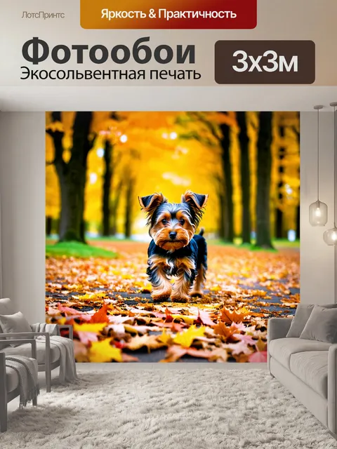 Фотообои йоркширский терьер, исследующий осенний парк, окруженный падающими листьями ярких цветов