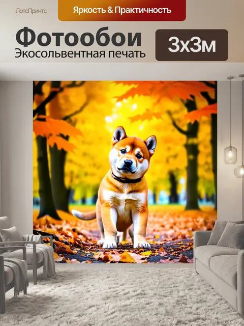 Фотообои на фоне яркой осенней листвы, щенок сиба-ину исследует окружающий мир, слегка наклонив голову в сторону