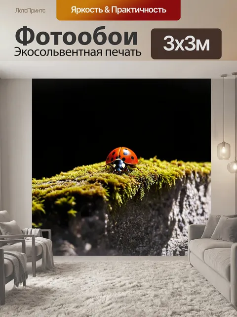 Фотообои на черном фоне ярко выделяется божья коровка, сидящая на камне, покрытом мхом