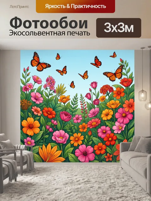 Фотообои Цветущий сад с оранжевыми бабочками