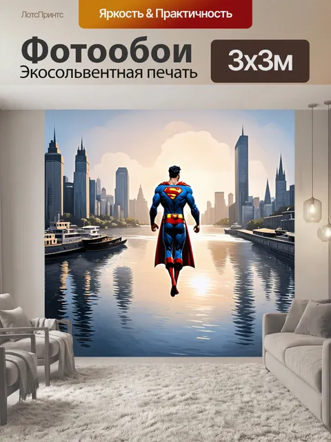 Фотообои спокойное утро, супермен, парящий над городом, наблюдает за отблесками лодок, плавающих на реке, с высоты