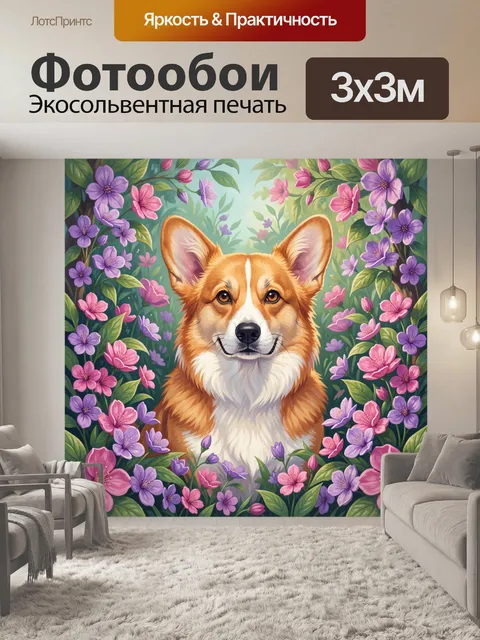 Фотообои Пес корги среди весенних цветов