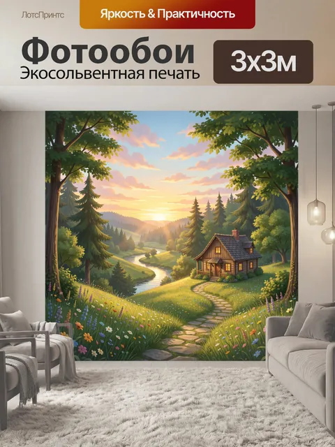 Фотообои Домик в лесной долине на закате