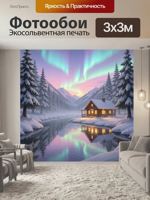 Фотообои Северное сияние над зимней долиной
