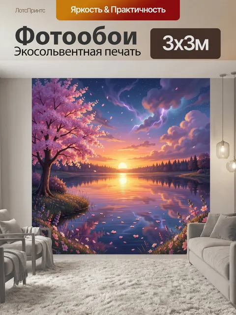 Фотообои Закат у озера с сакурой