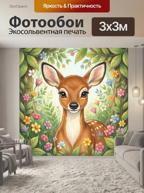 Фотообои Оленёнок среди лесных цветов