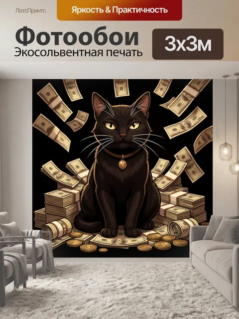 Фотообои Черный кот среди долларов