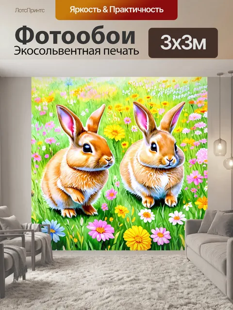 Фотообои животные в стиле акварель, где забавные зайцы скачут по полю с пастельными цветами