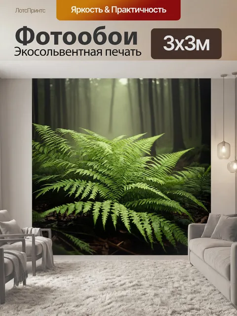 Фотообои папоротники, образующие густой покров в таинственном лесу, окутаны легким туманом
