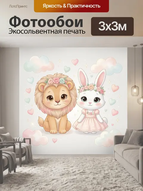 Фотообои Лев и зайка в цветочках