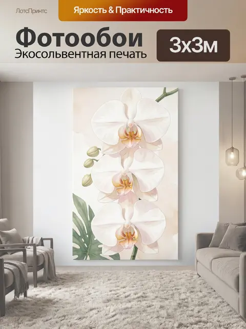 Фотообои Белые орхидеи с листьями монстеры
