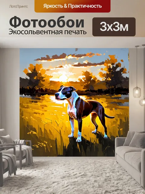 Фотообои эмоциональная сцена, где американский стаффордширский терьер стоит на краю луга и смотрит на закат