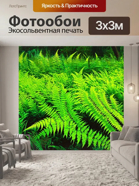 Фотообои папоротниковое поле, расцвеченное разнообразными оттенками зелёного, создающее атмосферу волшебного леса