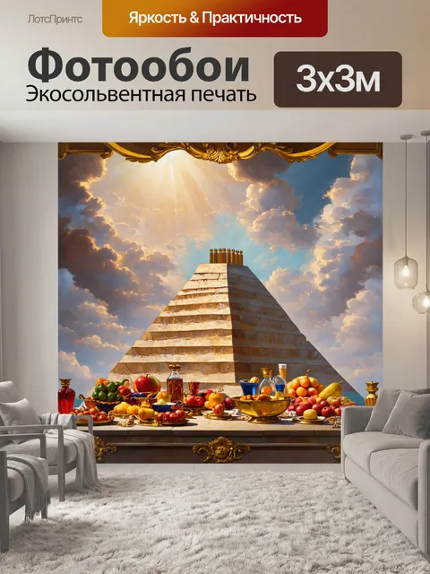 Фотообои величественный завтрак богов на пирамидной платформе, окруженной облаками и солнечными лучами