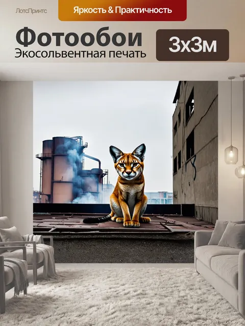 Фотообои каракал, сидящий на крыше заброшенного здания в городе, с дымчатыми и индустриальными элементами на фоне