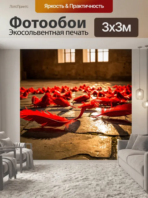 Фотообои красные перья, разбросанные на старом каменном полу, с мягким золотистым светом, пробивающимся через окна