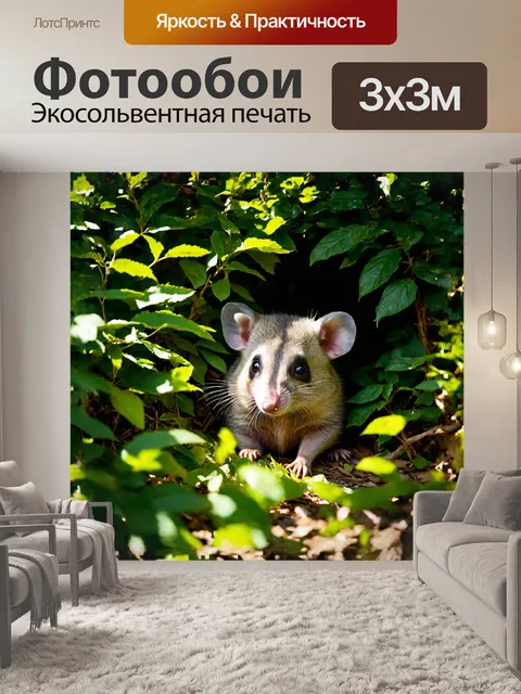 Фотообои маленький опоссум, уютно устроившийся в зеленом подлеске, игриво выглядывает из-за густых кустов
