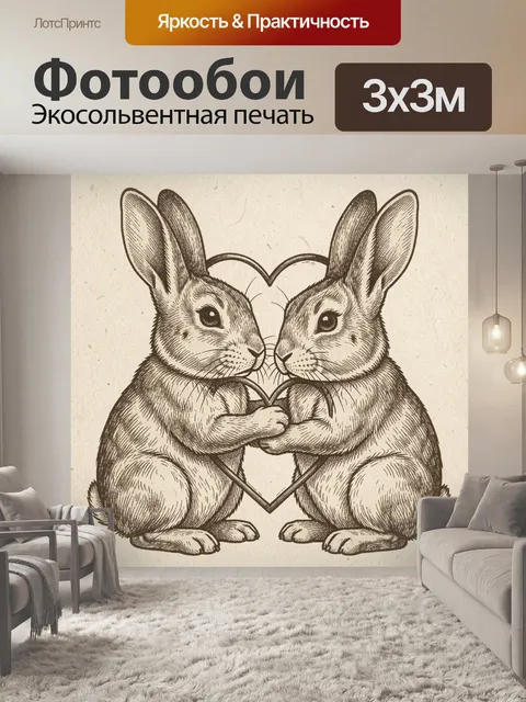 Фотообои Влюбленные кролики в сердцах