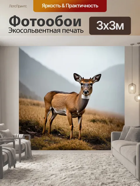 Фотообои олень, который смотрит в камеру, на фоне туманных гор, утренний туман стелется по земле