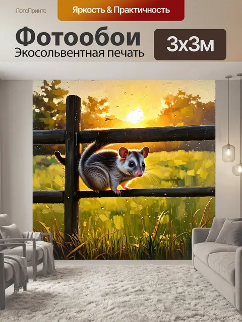 Фотообои тихое утро на ферме, опоссум висит на заборе, наслаждаясь первыми лучами солнца