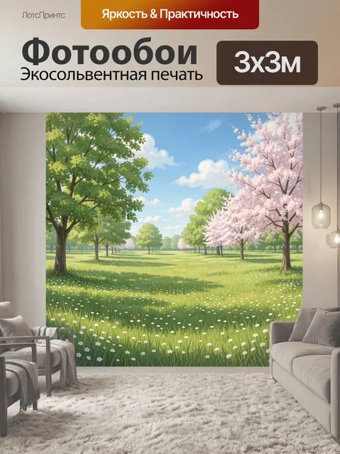 Фотообои Лужайка с цветущими деревьями