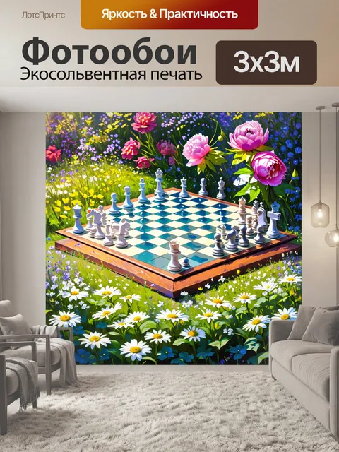 Фотообои волшебный сад, наполненный ромашками и пионными цветами, в центре которого расположена шахматная доска из…