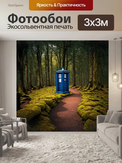 Фотообои изогнутая тропа из окаменевшего мха ведет к загадочному тардис, который стоит на фоне вековых деревьев
