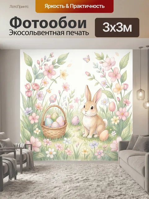 Фотообои Кролик и пасхальная корзинка среди цветов