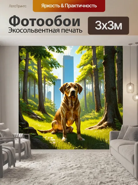 Фотообои лабрадор, с интересом смотрящий на природу, сидящий среди густого леса