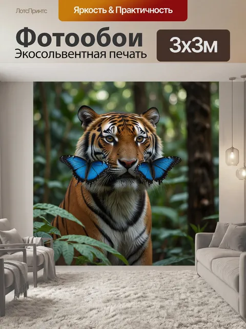 Фотообои тигр в джунглях смотрит на синюю бабочку