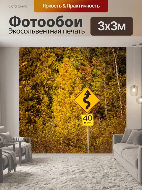 Фотообои Знак извилистой дороги осенью